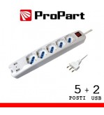 Multipresa 5pos bipasso/schuko + USB spina16A +interr.
