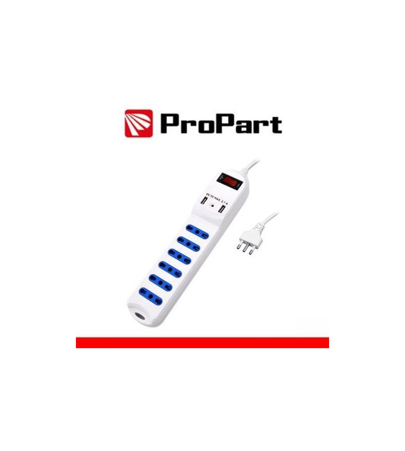 Multipresa 6 posti 10/16A bipasso 2P+T + 2 prese USB 2.1A RICARICA RAPIDA + int