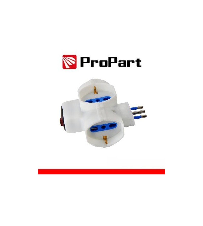 Adattatore 3 prese 2P+T 10/16A bipasso/Schuko con interrutt. Spina 10A
