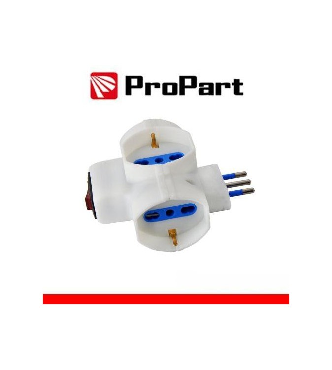 Adattatore 3 prese 2P+T 10/16A bipasso/Schuko con interrutt. Spina 10A