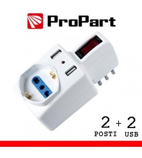 Adattatore 2pos bipasso/schuko +USB spina10A salvasp. + int.