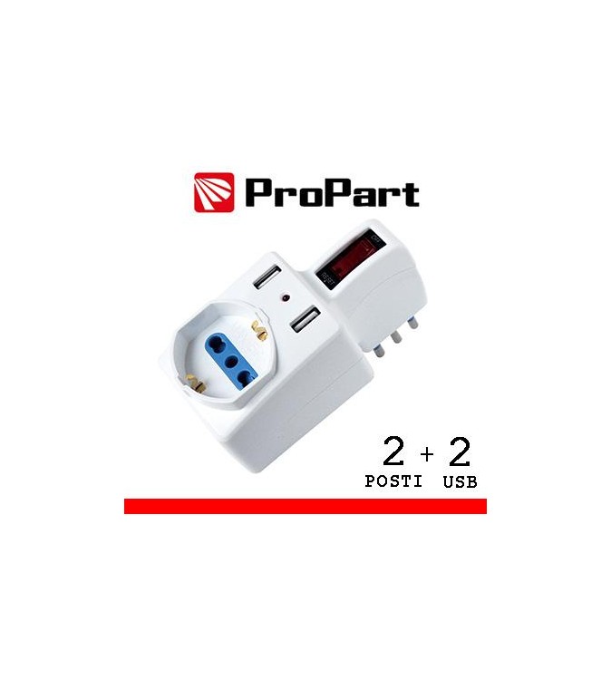 Adattatore 2pos bipasso/schuko +USB spina10A salvasp. + int.