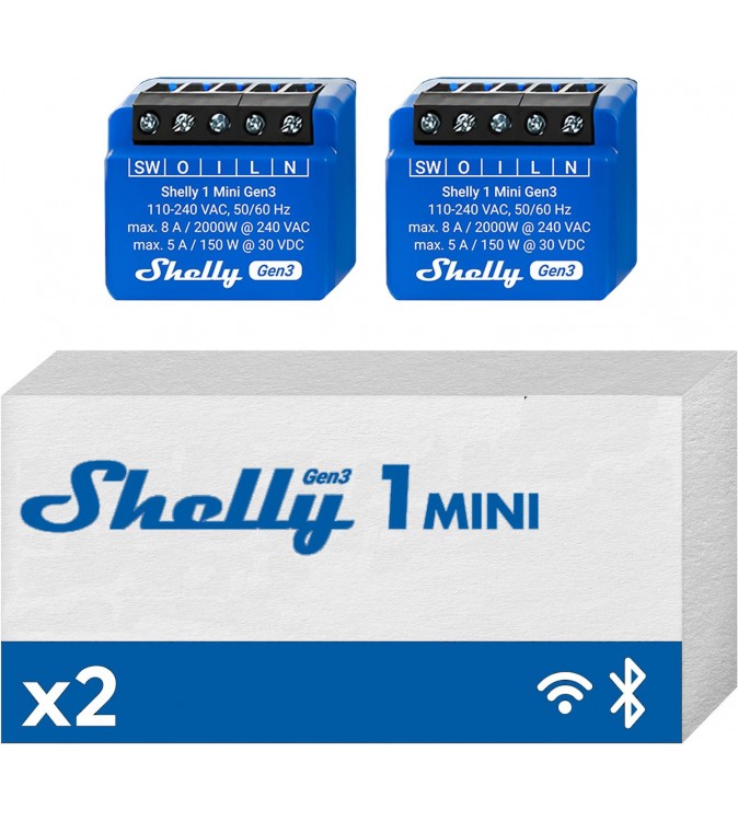 Shelly Mini 1 GEN3 2PACK- Smart Relay contatto pulito 8A AC/DC WiFi/BT/Matter