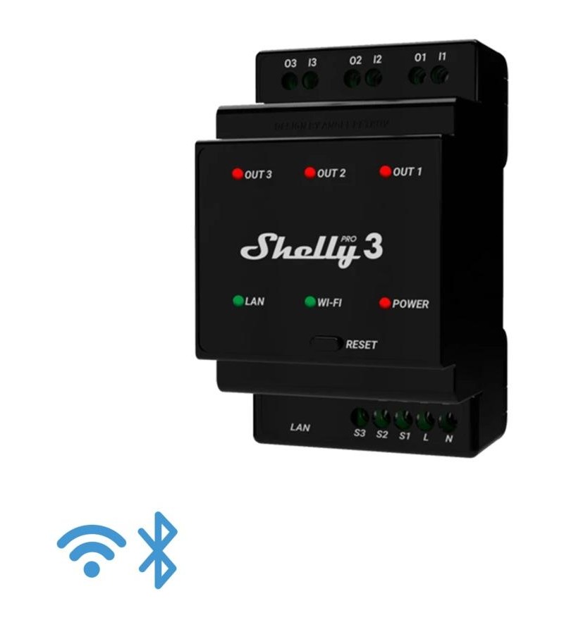 Shelly Pro 3 - IP Smart Relay contatto pulito DIN 3ch. LAN/WiFi/BT