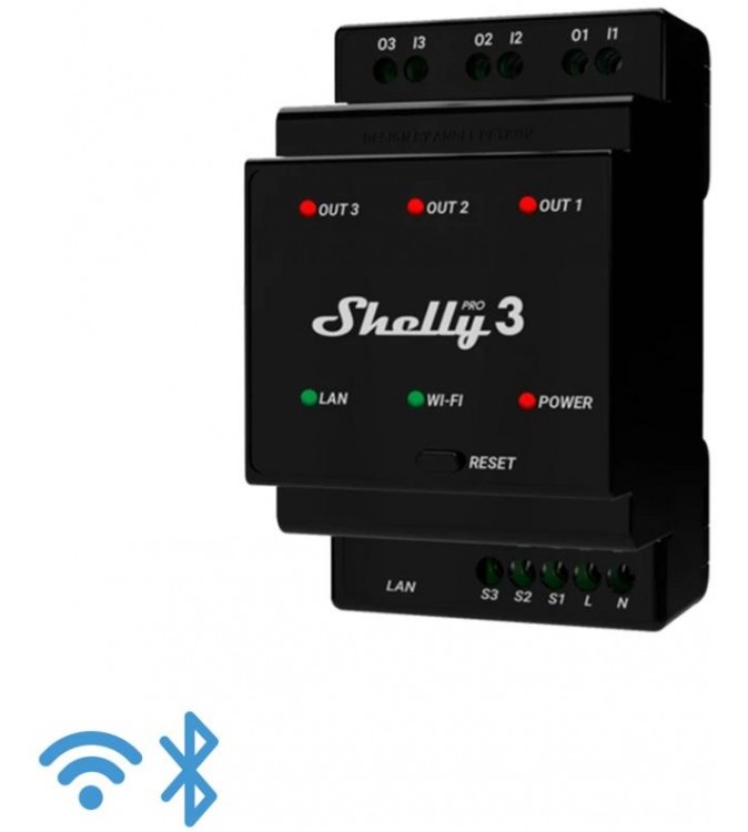 Shelly Pro 3 - IP Smart Relay contatto pulito DIN 3ch. LAN/WiFi/BT