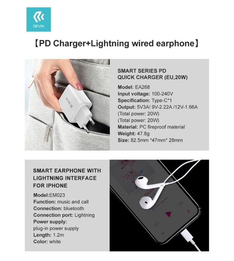 Caricatore rapido PD 20W con Auricolari lightning Bluetooth