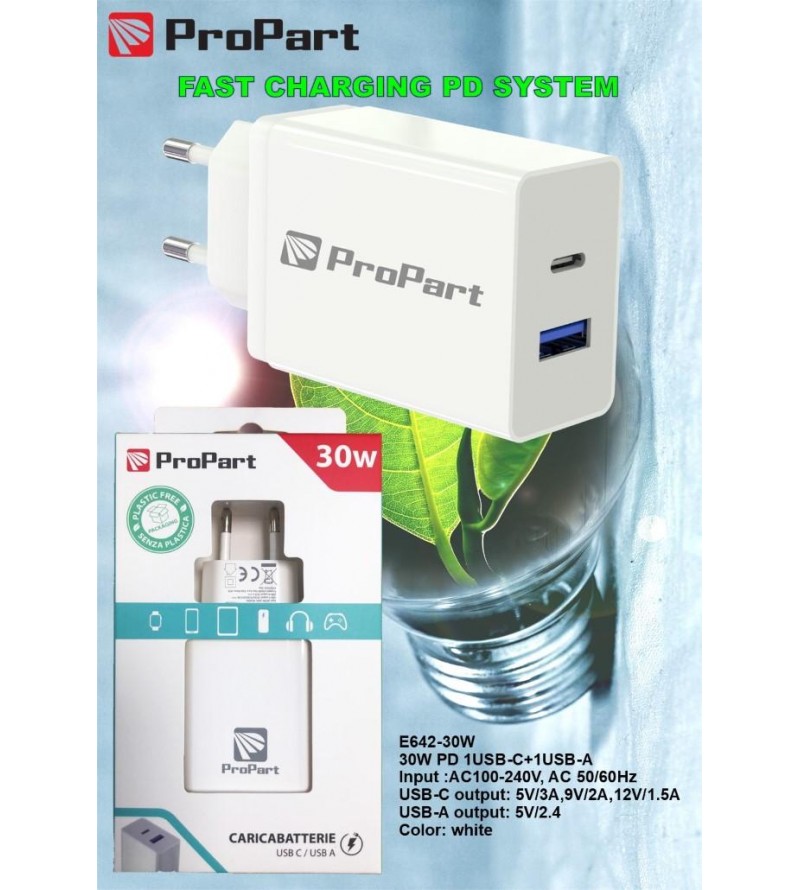 Carica Batterie 30 Watt PD USB A + Type C