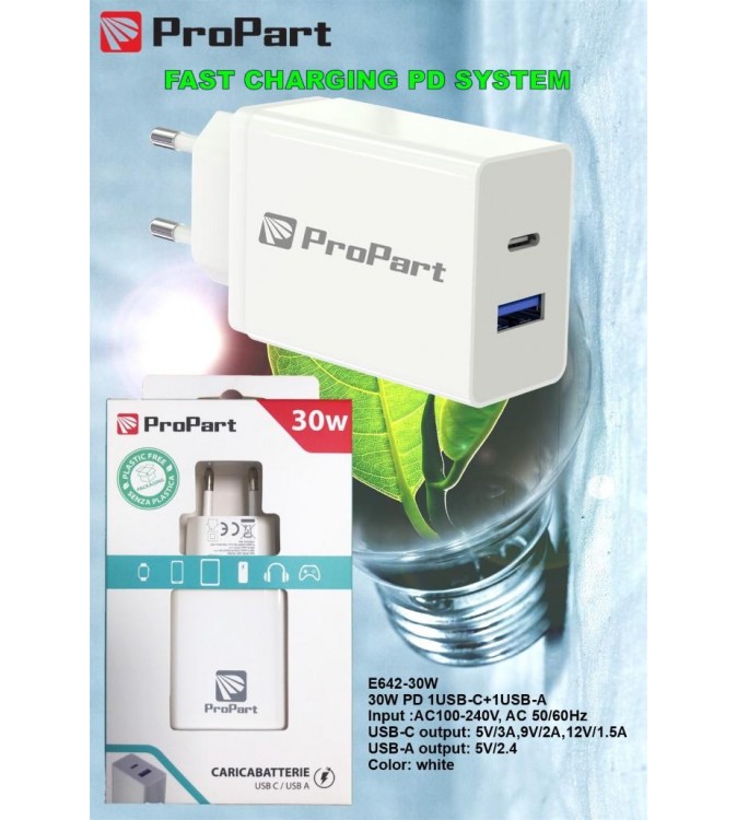 Carica Batterie 30 Watt PD USB A + Type C