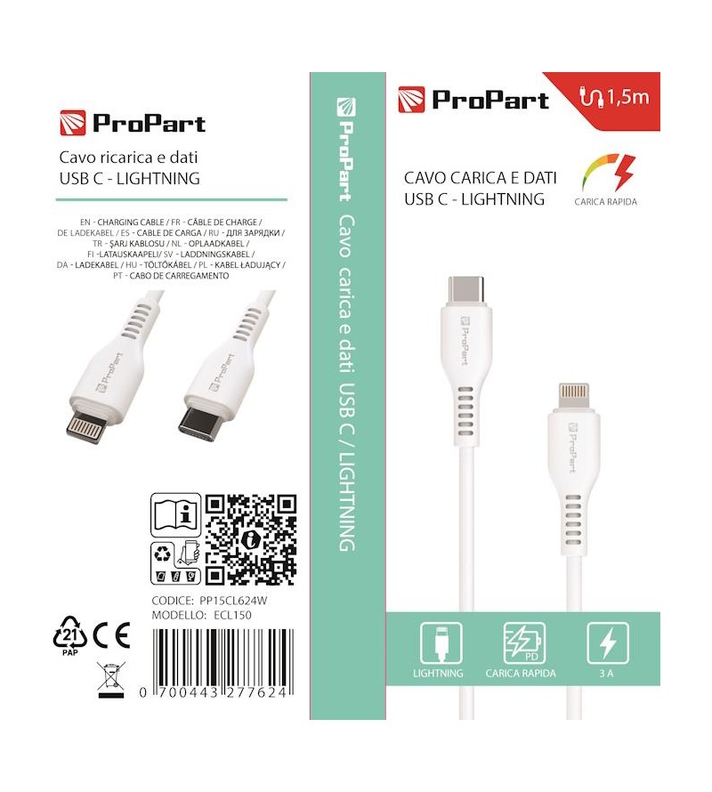 Cavo Lightning - Tipo-C 3A 1.5mt Carica Rapida e dati Bianco