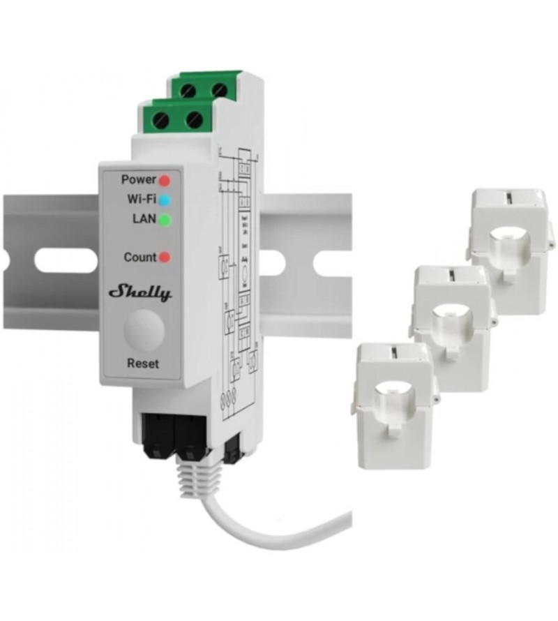 Shelly Pro 3EM 120A - Contatore energia DIN + 3 pinze120A