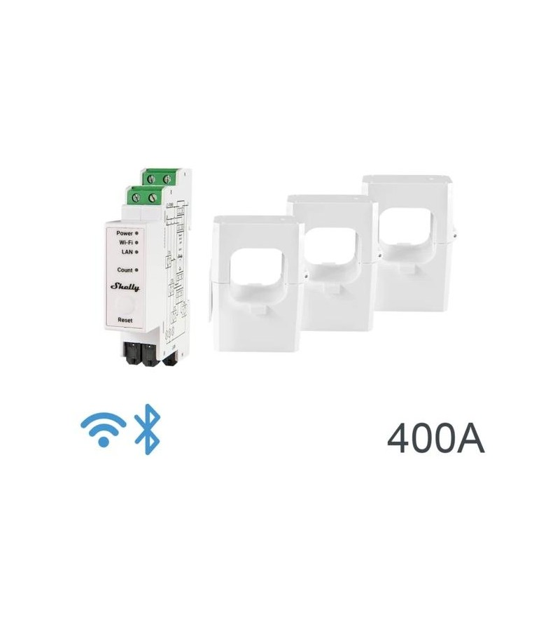 Shelly Pro 3EM 400A - Contatore Energia DIN + 3 pinze 400A