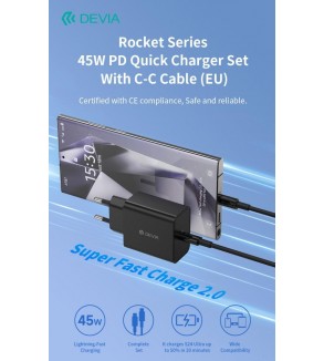 Carica Batterie PD 45 Watt con cavo da C a C per carica rapida nero