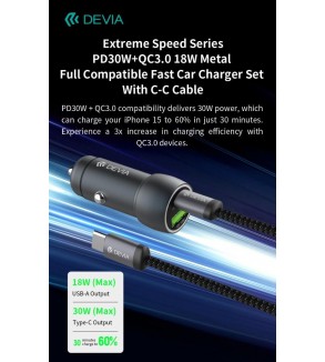 Caricabatterie per auto Super veloce ​​Serie PD30W+QC3.0-18 W con cavo C-C