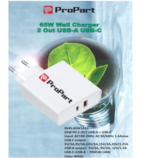 Carica Batterie 65W 2 Output USB-A + USB-C