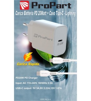 Carica batterie Rapido + Cavo da Tipo-C a Lightning 3A PD 20W 