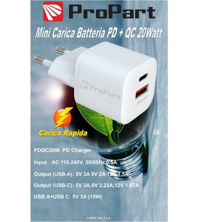 Carica Battere Rapido Mini PD + QC 20W 2 Out USB A - Type C