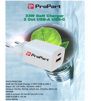 Carica Batterie QC GaN 33W PD 2 Output USB-A + USB-C