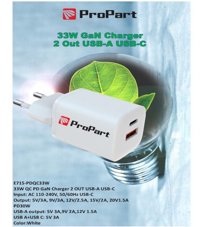 Carica Batterie QC GaN 33W PD 2 Output USB-A + USB-C