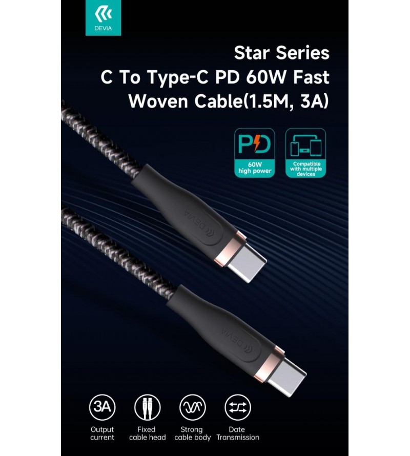 Cavo Intrecciato da C a C 60W 3A, 1,5 Metri Nero