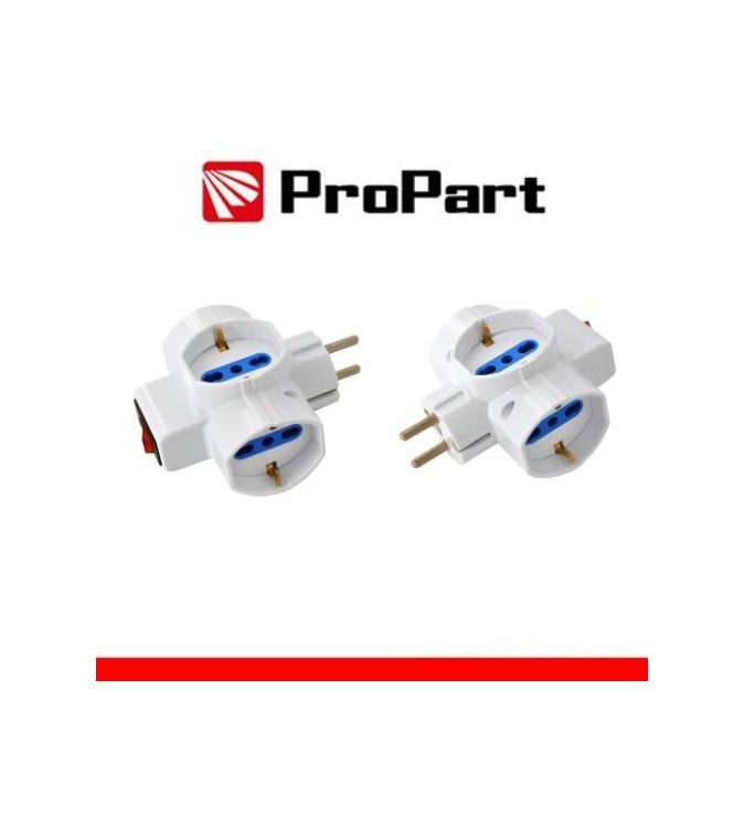 Adattatore 3 prese 2P+T 10/16A bipasso/Schuko con interrutt. Spina Schuko