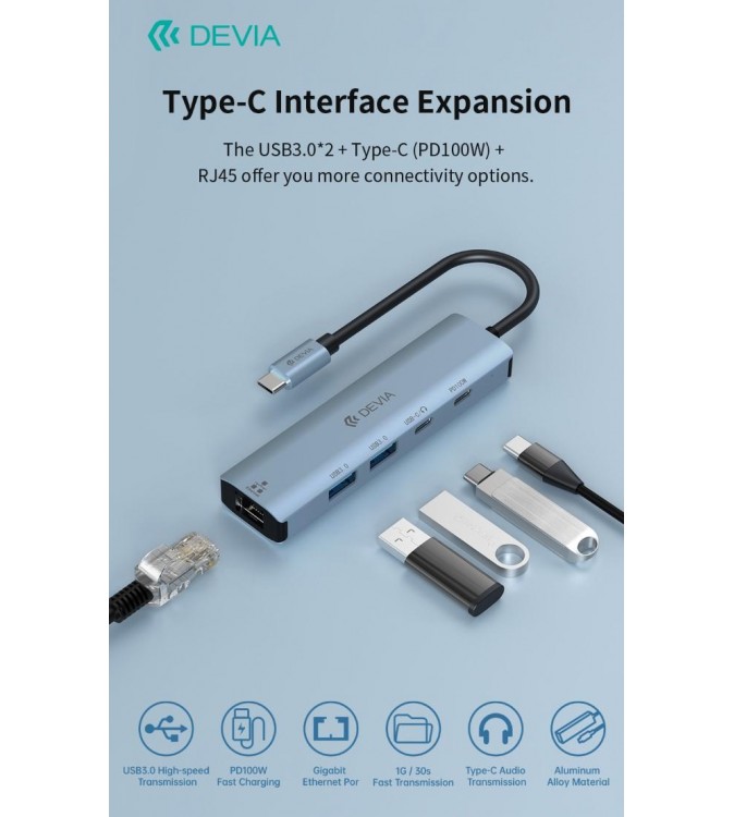 HUB 5 in 1 da tipo C a USB*2+tipo C+PD 100 W+RJ45 serie Leopard