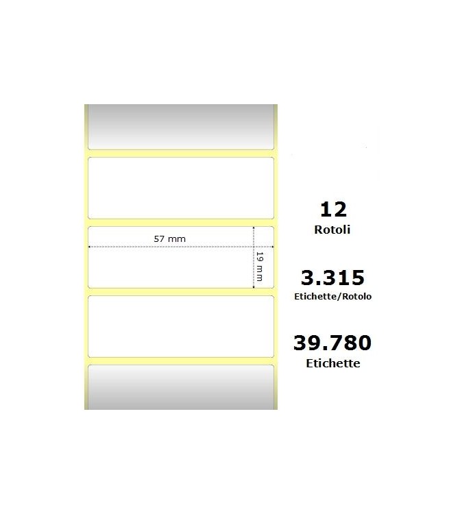 White 57x19mm,3315 Et/Rotolo Z-2000D,2.2x0.7x1Core, 12 Rolls