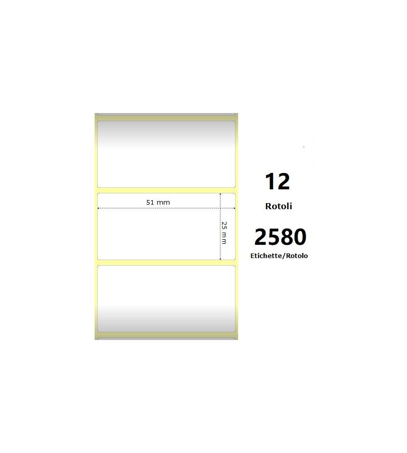 White 51x25mm, 2580 Et/Rotolo Z-2000D, 2x1x1 Core, 12 Rolls