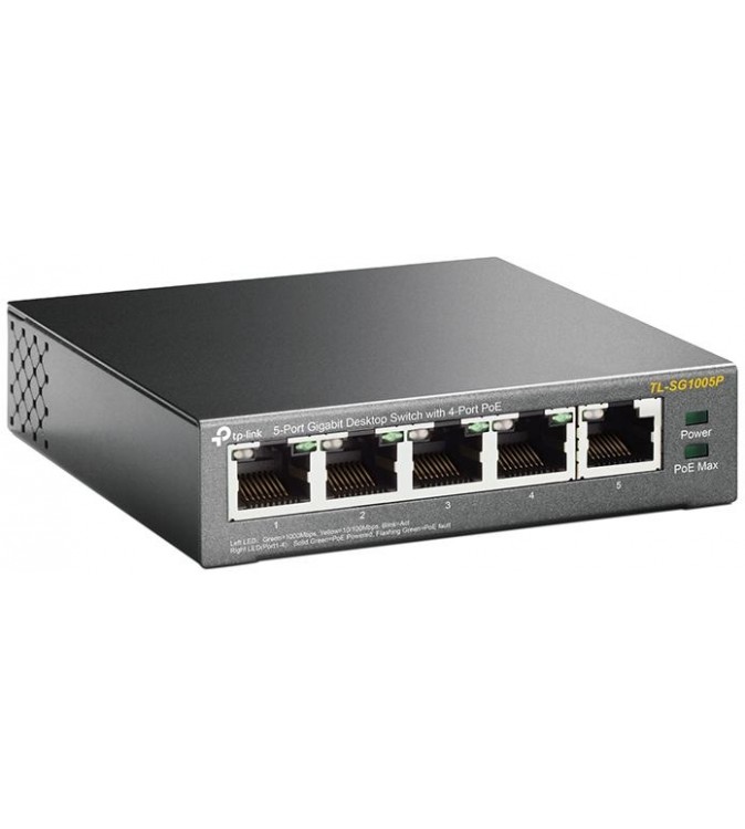 TP-Link Switch PoE Gigabit 5 porte, 4 porte PoE, Max 56W - TL-SG1005P