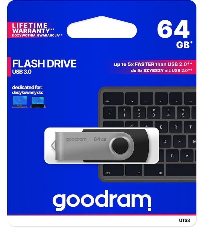 GoodRAM Pendrive 64GB UTS3 BLACK USB 3.0 - retail blister - UTS3-0640K0R11