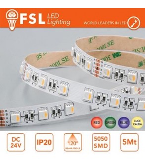 Striscia LED 5m IP20 5050 24V - 14W/m 60led/m RGB+W 3000K