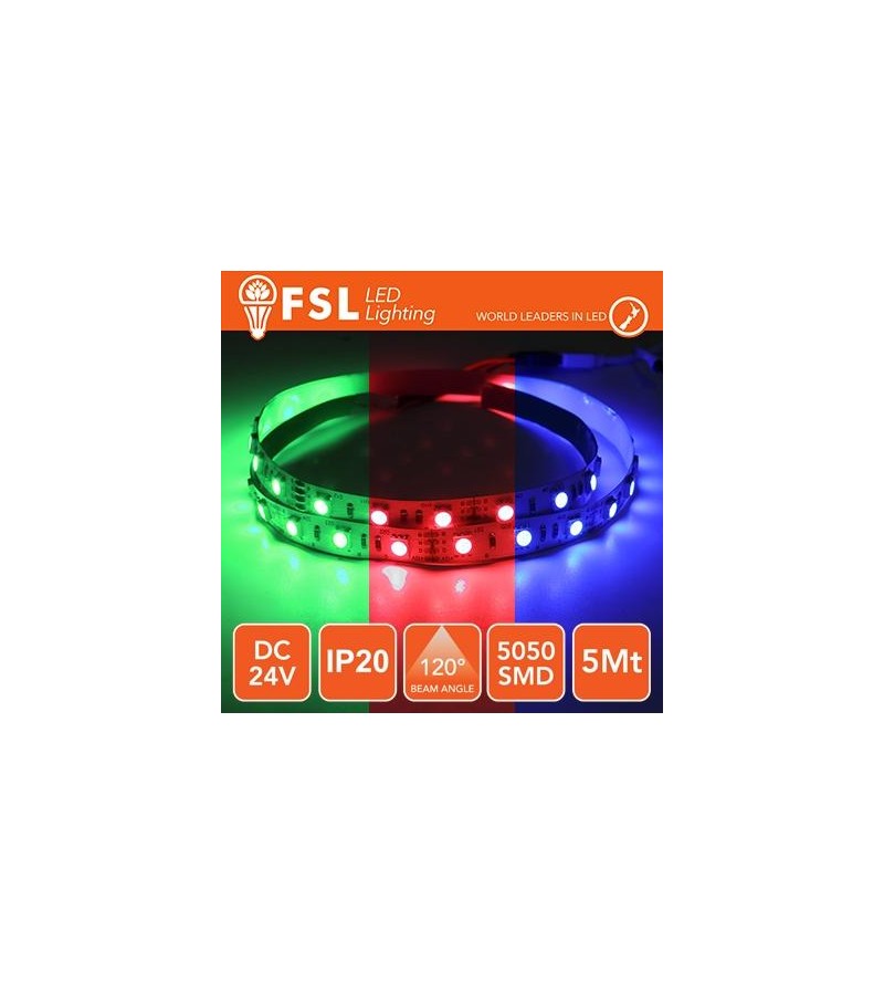 Striscia LED 5m IP20 5050 24V - 12W/m 60led/m RGB
