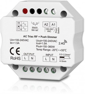 Dimmer LED 1 Canale RF 2.4G + Push 230V – Taglio di Fase Leading/Trailing