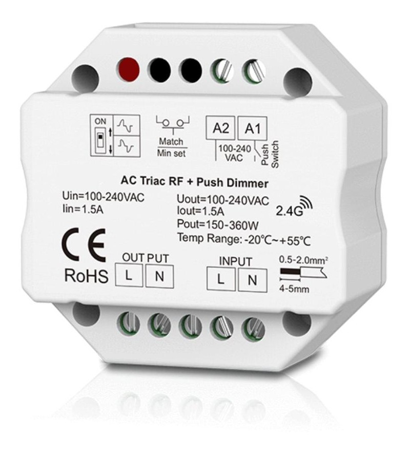 Dimmer LED 1 Canale RF 2.4G + Push 230V – Taglio di Fase Leading/Trailing