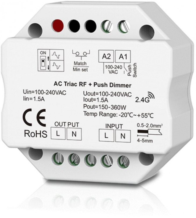 Dimmer LED 1 Canale RF 2.4G + Push 230V – Taglio di Fase Leading/Trailing