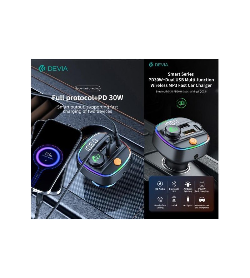 Vivavoce e Carica 30W per auto FM Bluetooth 5.3 con lettore Mp3 e Pendrive