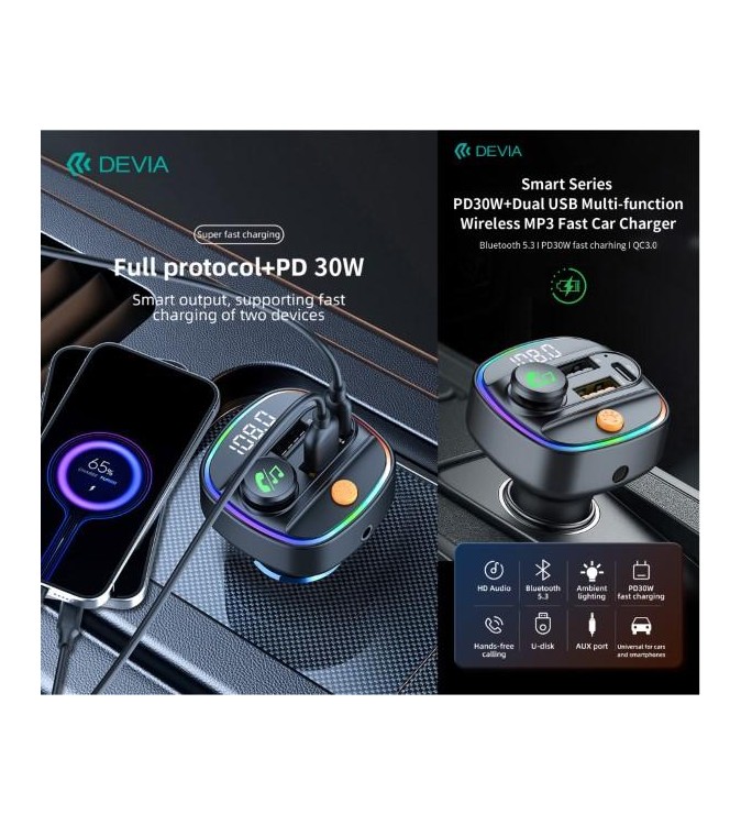Vivavoce e Carica 30W per auto FM Bluetooth 5.3 con lettore Mp3 e Pendrive