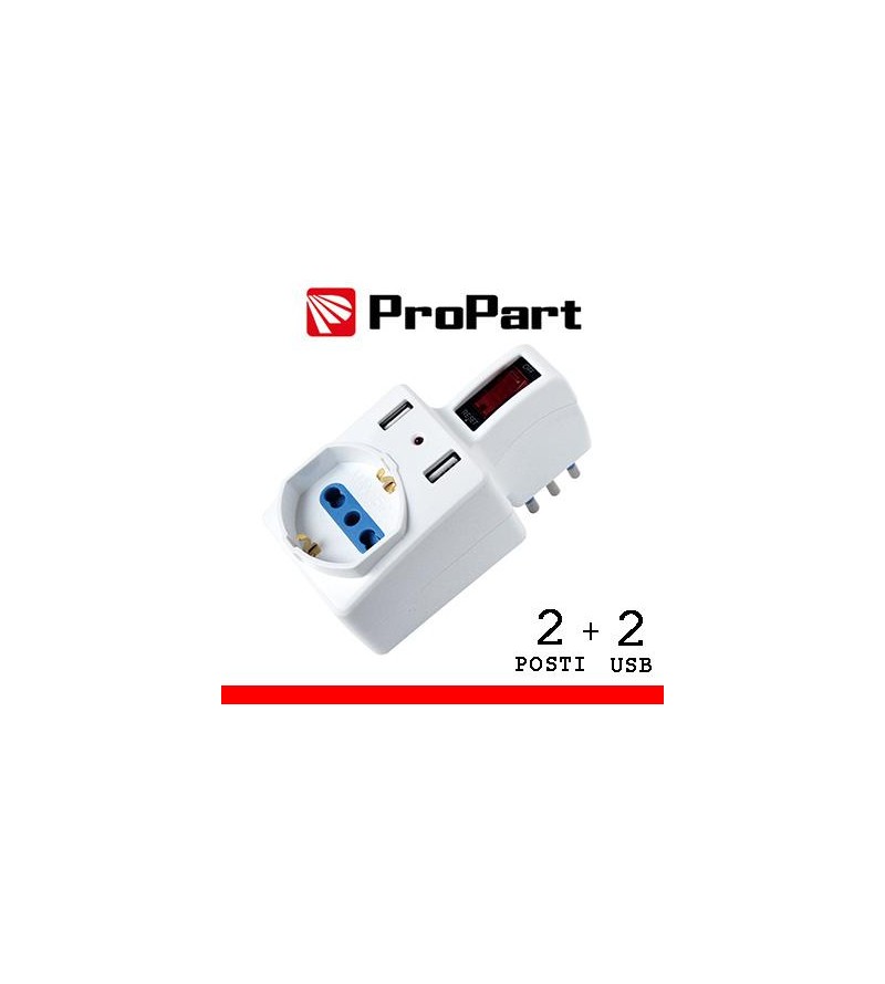 Adattatore 2pos bipasso/schuko +USB spina10A salvasp. + int.