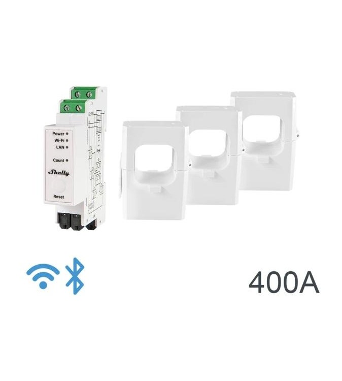 Shelly Pro 3EM 400A - Contatore Energia DIN + 3 pinze 400A