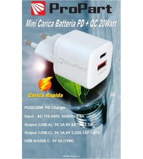 Carica Battere Rapido Mini PD + QC 20W 2 Out USB A - Type C