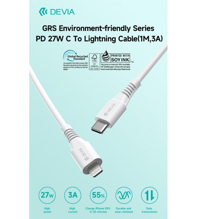 Cavo Certificato GRS da Tipo C a Lightning 27W 3A 1 Mt PD