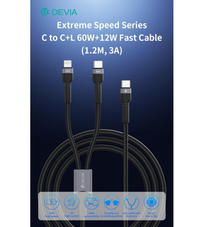 Cavo Carica rapida da C a C+L 60W+12W 1,2 Metri 3 Amper