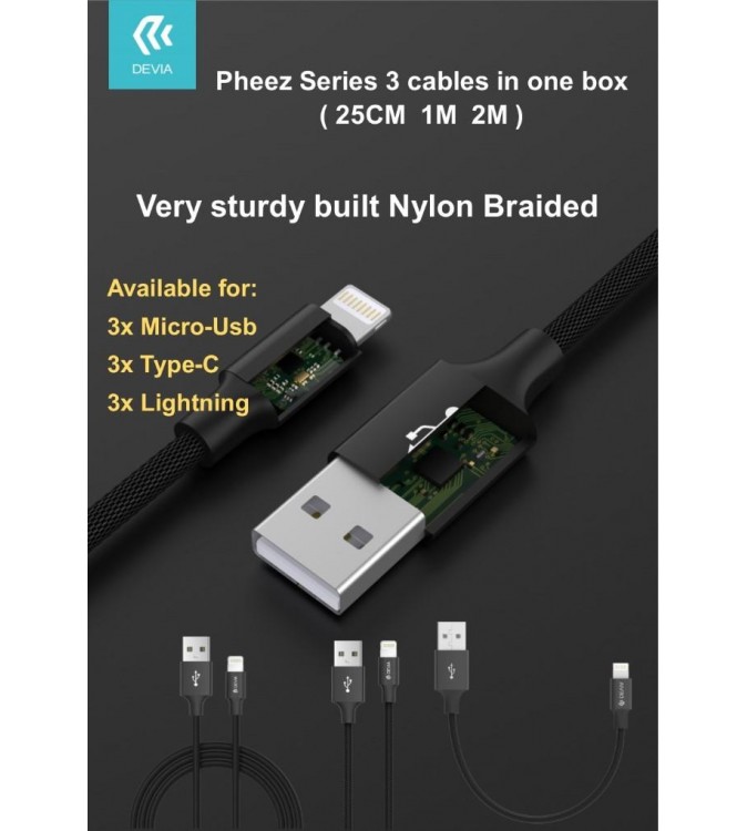 Pheez Set 3 Cavi 5 V. 2,1A Lightning 25cm - 1mt - 2mt Grigi
