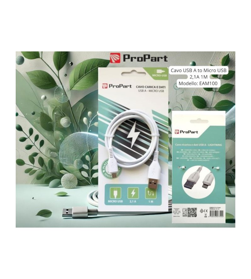 Cavo Carica e Dati Micro Usb 2.1 A. Lunghezza 1 metro Bianco