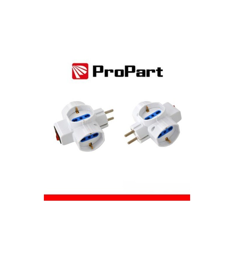 Adattatore 3 prese 2P+T 10/16A bipasso/Schuko con interrutt. Spina Schuko