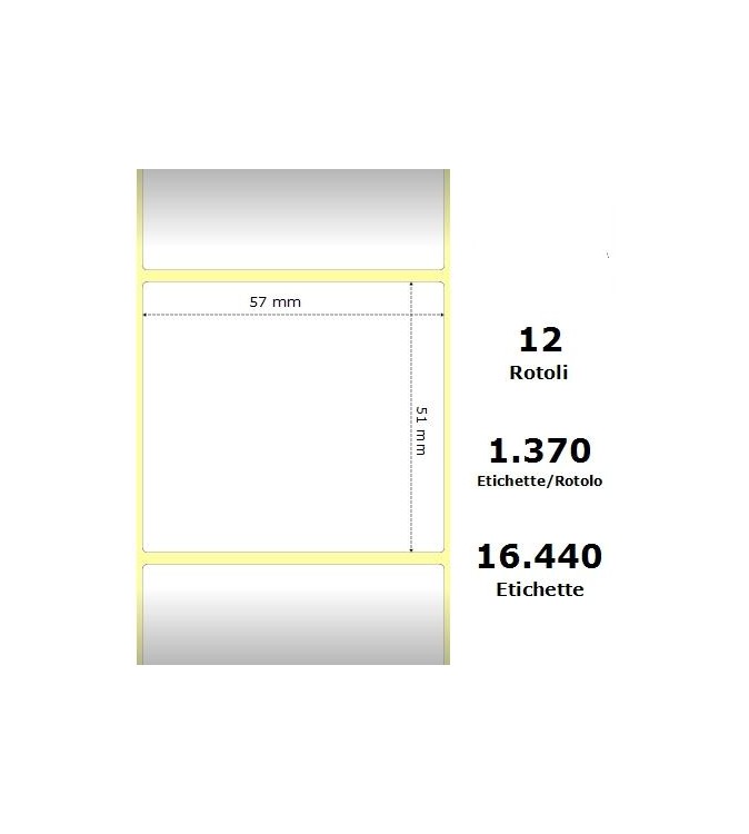 White 57x51mm,1370 Et/Rotolo Z-2000D, 2.2x2x1 Core,circonferenza 111mm 12 Rolls