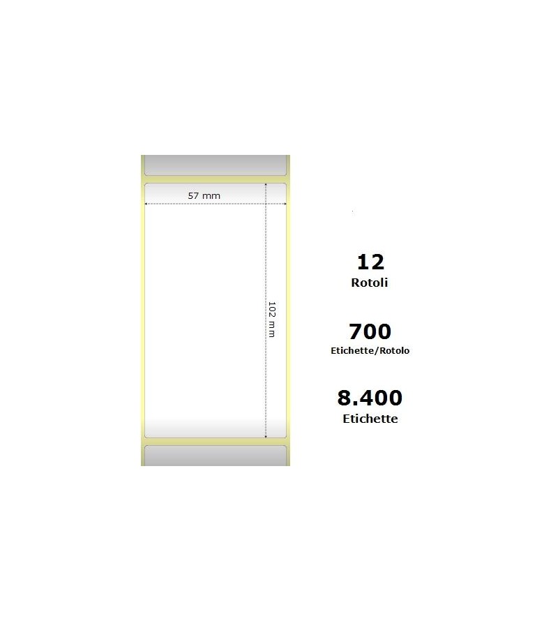 White 57x102mm,700 Et/Rotolo Z-2000D, 2.2x4x1Core,circonferenza 111mm 12 Rolls
